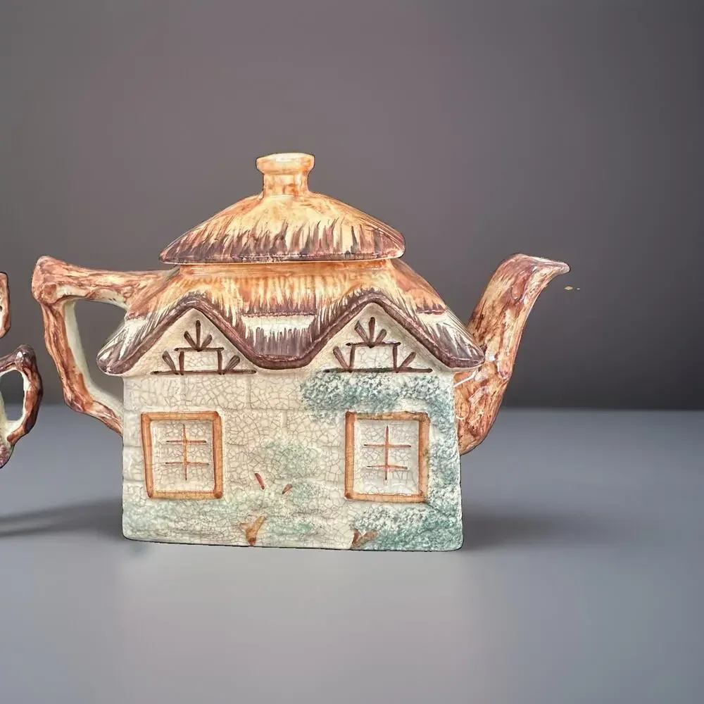 Vintage Keele Street Pottery Thatched English Cottage Garden Teapot Cream Sugar